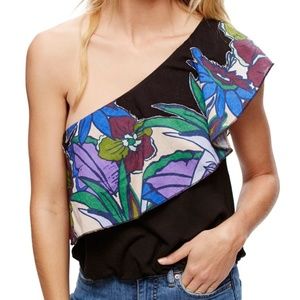 Free People NWT ANNKA Floral Print Ruffle One Shoulder Black Top, Size Large